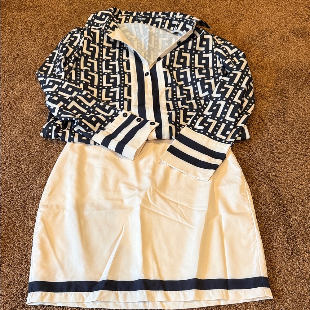Elegant White and Black Trim Skirt/Shirt Set